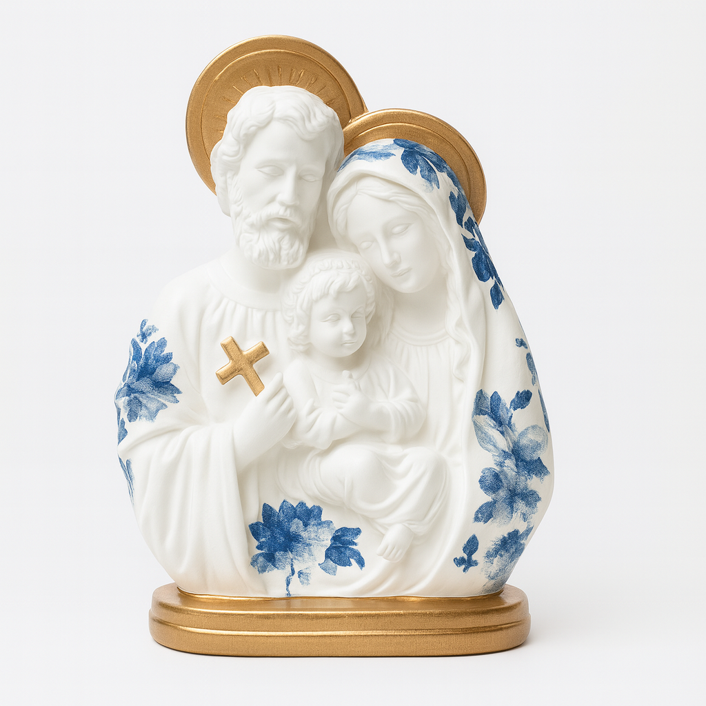 Sagrada Família Gesso 20cm - Manto azul e dourado